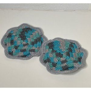 Handmade Crochet Washcloth Dish Washing Scrubbies Knit Gray Blue White